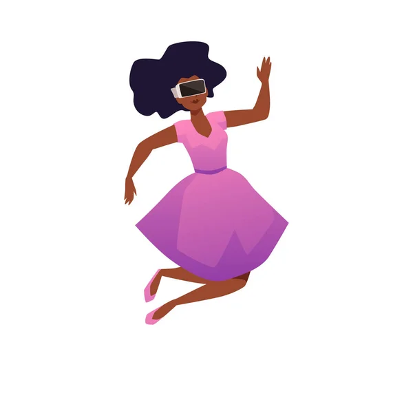ピンクのドレスを着たかわいい黒の女の子がジャンプしたり 仮想現実の眼鏡をかけて飛んでいます 驚きの女性のインスピレーションを感じ 飛行中の自由 フラットグラフィッククリエイティブエネルギー 想像力の概念 — ストックベクタ