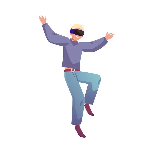 快乐的男人驾驶着虚拟实境眼镜 平面风格 白色背景上孤立的矢量图解 装饰设计元素 Vr现代技术 积极情绪 — 图库矢量图片