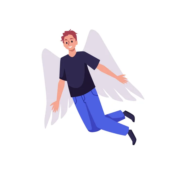快乐飞行的男孩与翅膀平坦的风格 矢量插图孤立在白色的背景 装饰设计元素 自由和灵感 积极的情绪 — 图库矢量图片