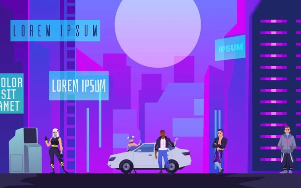 Stadtbild Mit Cyberpunks Flachen Stil Vektorillustration Blau Und Rosatöne Neon — Stockvektor