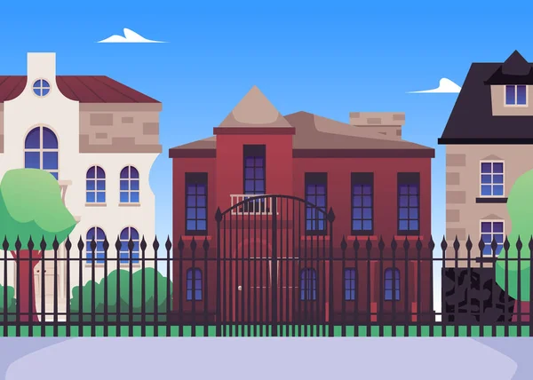 经典维多利亚风格的建筑 平面矢量插图 维多利亚时代建筑的城市景观 篱笆后面漂亮的旧房子 历史城镇 — 图库矢量图片