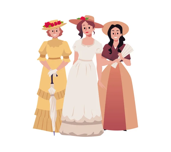 Группа Улыбающихся Женщин Классических Платьях Викторианской Эпохи Плоские Векторные Иллюстрации — стоковый вектор