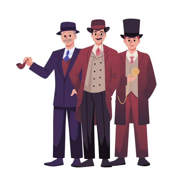欧洲维多利亚时代的绅士们贵族们三个男人穿着正式雅致的西服 外套和帽子 戴着手表和眼镜 白色背景上的卡通矢量孤立图解 — 图库矢量图片