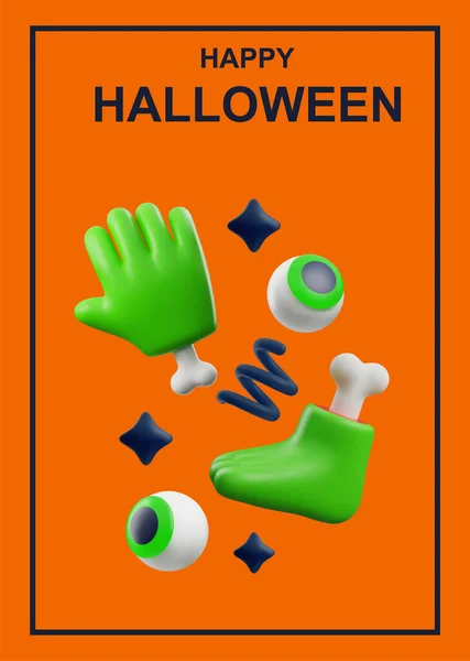 关于快乐万圣节3D风格的海报或垂直横幅 在橙色背景上孤立的矢量插图 糖果般的眼球 绿色的手和脚与骨头 装饰设计与文字 — 图库矢量图片