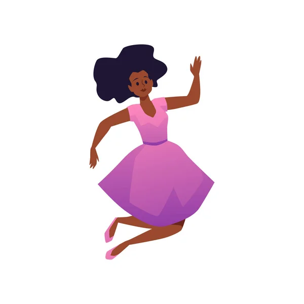 Mujer Feliz Vestido Volando Saltando Ilustración Vectorial Plana Dibujos Animados — Vector de stock