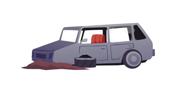 Gebroken Verlaten Auto Cartoon Platte Vector Illustratie Geïsoleerd Witte Achtergrond — Stockvector