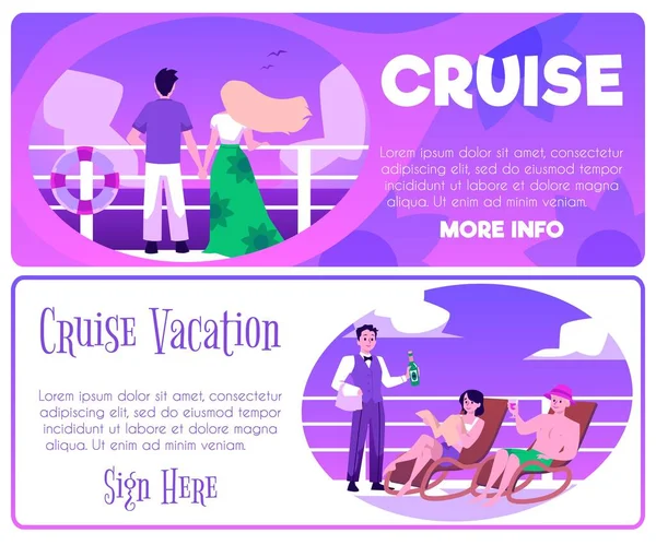 游轮度假广告网页横幅集 卡通平面矢量图解 人们在游轮或班轮上享受暑假 祝夫妻在甲板上日光浴愉快 — 图库矢量图片