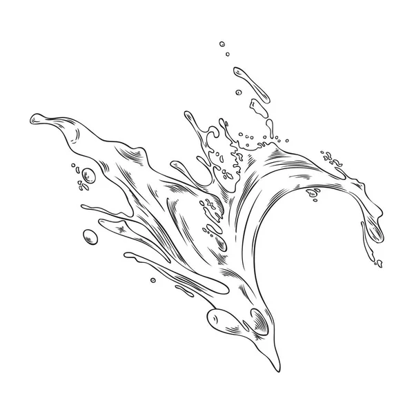 手描きのモノクロの水や飲料スプラッシュスケッチスタイル 白い背景に隔離されたベクトルイラスト 装飾的なデザイン要素 黒アウトライン 天然有機 — ストックベクタ