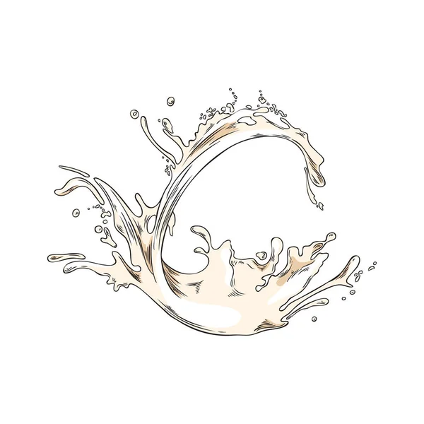 坚果奶或奶制品包装设计用液体的爆裂和飞溅 在白色背景上隔离的手绘雕刻矢量图解 — 图库矢量图片