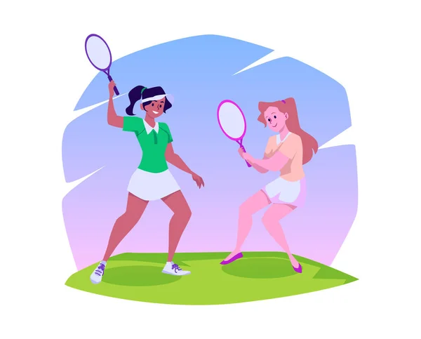 Jóvenes Jugadoras Tenis Con Raquetas Césped Ilustración Vectorial Dibujos Animados — Vector de stock