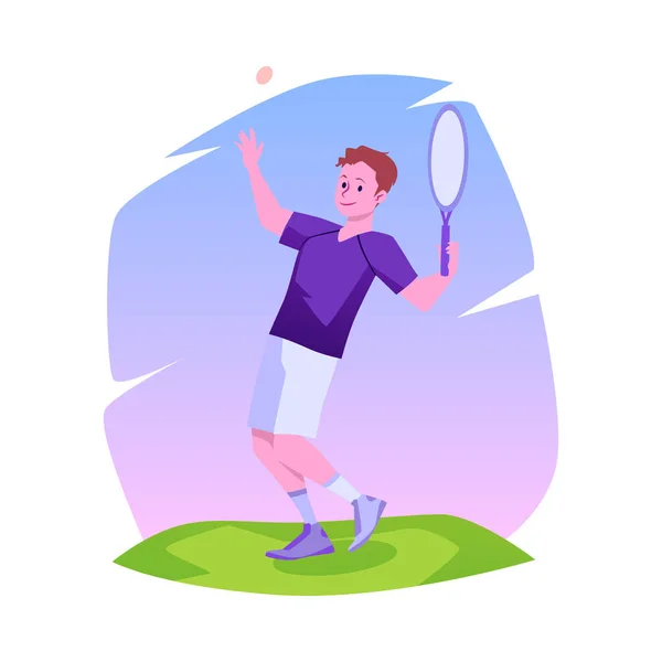 年轻的网球选手 草坪上有球拍和球拍 在白色背景上孤立的矢量卡通画 网球运动员准备在训练时击球 体育概念 — 图库矢量图片