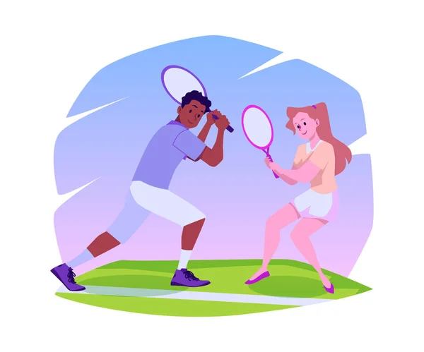快乐的男孩和女孩与网球拍扁平的风格 矢量图形孤立的白色背景 装饰设计元素 户外运动游戏 积极的生活方式 微笑的人 — 图库矢量图片