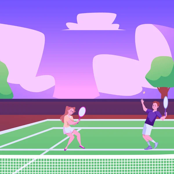 Теннисный Корт Играющими Людьми Летнем Ландшафтном Фоне Плоская Векторная Иллюстрация — стоковый вектор