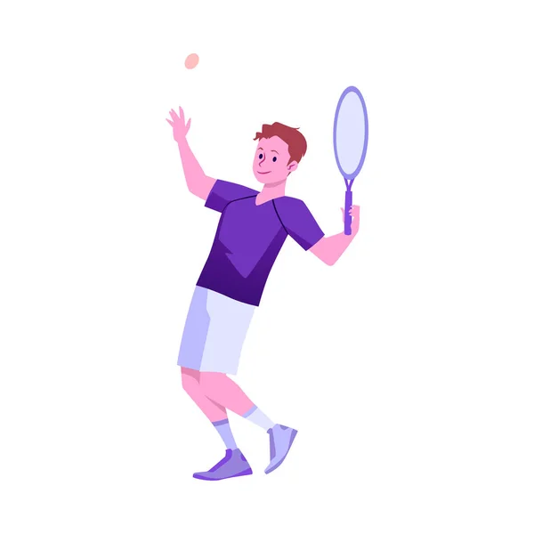 微笑的年轻人抛出网球扁平的风格 矢量图解孤立在白色背景上 具有网球拍 运动游戏和业余爱好 积极的生活方式 装饰设计元素的快乐网球选手 — 图库矢量图片