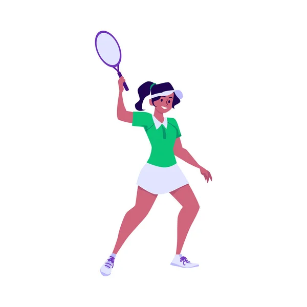 年轻漂亮的女网球选手手里拿着球拍 在白色背景上孤立的矢量卡通画 网球选手的女人提起了球拍 体育概念 — 图库矢量图片