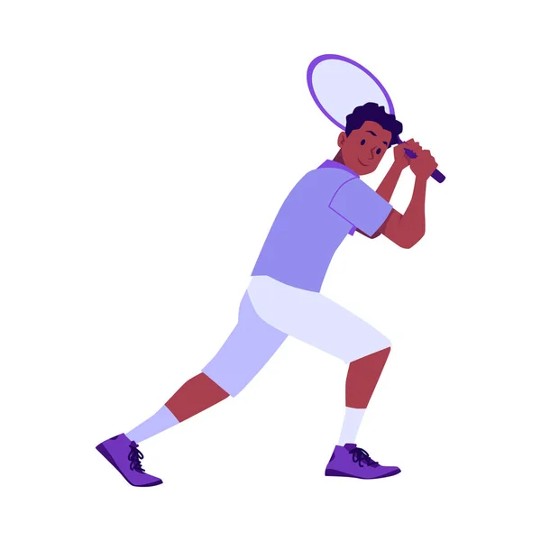 笑着的小男孩穿着制服 手持网球拍扁平的风格 在白色背景上孤立的矢量插图 装饰设计元素 快乐性格 职业运动和业余爱好 — 图库矢量图片