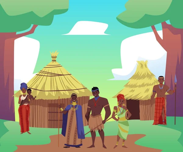 非洲部落民族的病媒说明 带着孩子的卡通非洲女人 拿着长矛的男人 穿着部落传统服装的黑人人物 站在村中的茅屋附近 农村景观 — 图库矢量图片