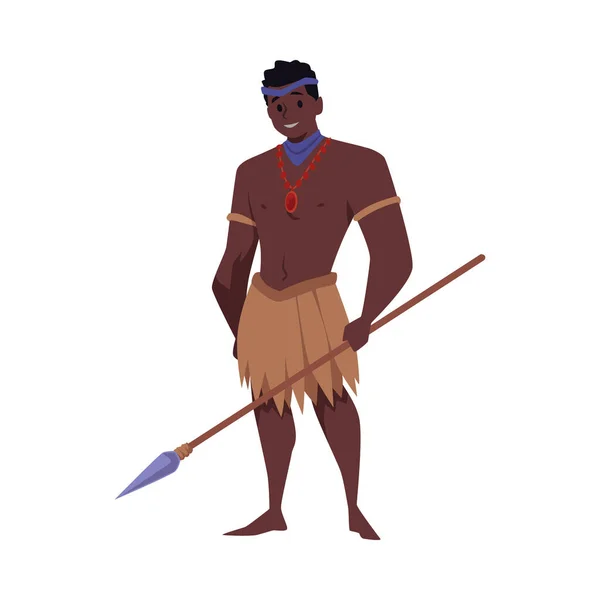 Strong Dark Skinned Tribal Man Spear Hand Colorful Vector Illustration — Stock Vector