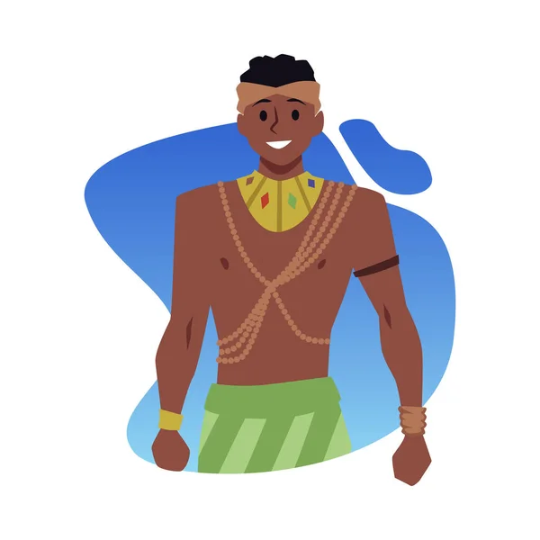 强壮的深色皮肤部落男子 五彩斑斓的矢量说明了非洲原住民 传统部落服饰和珠宝中的卡通人物 背景为白色 — 图库矢量图片