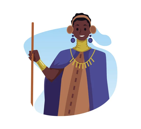 非洲部落妇女脖子上挂着长长的珠子 长裙和斗篷 戴着传统的珠宝 身穿民族服装的非洲土著人 彩色矢量孤立插画半身框 — 图库矢量图片
