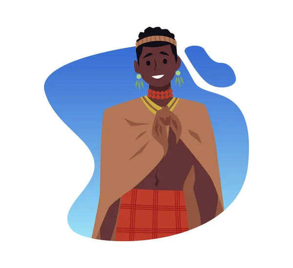 快乐的非洲土生土长的男人与耳环和项链扁平的风格 矢量插图孤立在白色的背景 传统服装 服装和文化 装饰设计元素 — 图库矢量图片