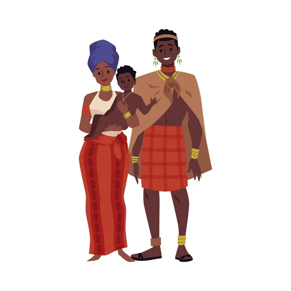 有非洲部落或村庄子女的家庭 非洲黑人土生土长的人物形象 以白色背景为背景的卡通平面矢量图解 — 图库矢量图片