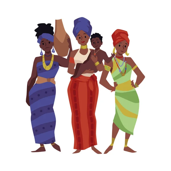 非洲裔妇女穿着传统民族服装和珠宝 在白人背景下被隔离的彩色矢量图解 卡通片美丽的部落黑人妇女带着孩子 — 图库矢量图片