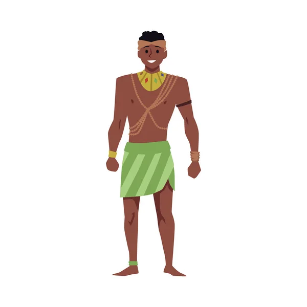 ジュエリーやスカートの強い暗い肌の部族の男 カラフルなベクトルイラストアフリカ生まれ 白地に隔離された伝統的な部族民族衣装の漫画のキャラクター — ストックベクタ
