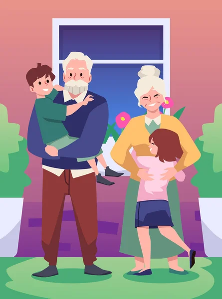笑笑的祖父母和孙子孙女在一起的时间 奶奶和爷爷拥抱快乐的孩子肖像 温暖的家庭拥抱和拥抱 卡通矢量图解 — 图库矢量图片