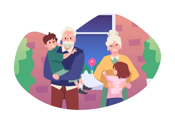 Happy Grootouders Kinderen Platte Stijl Vector Illustratie Geïsoleerd Witte Achtergrond — Stockvector