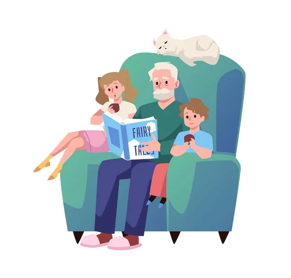 Γενειοφόρος Παππούς Κάθεται Μεγάλη Πολυθρόνα Παιδιά Και Διαβάζει Παραμύθι Επίπεδη — Διανυσματικό Αρχείο