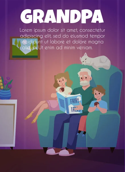 Poster Dikey Afiş Büyükbaba Büyük Koltukta Oturuyor Çocuklara Masal Okuyor — Stok Vektör