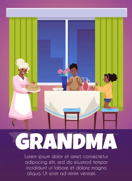 Önlüklü Pastalı Kekli Büyükannenin Vektör Posteri Çocukların Masada Büyükannelerine Pasta — Stok Vektör