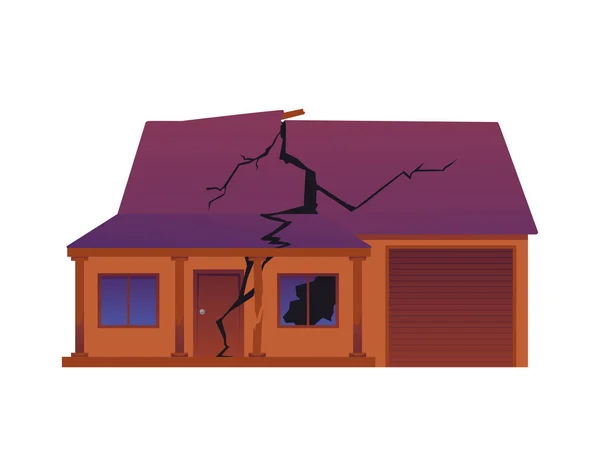 地震や戦争のフラットスタイルで破壊された家の外観 白い背景に隔離されたベクトルイラスト 屋根の亀裂や壊れた窓 建物のファサード デザイン要素 — ストックベクタ