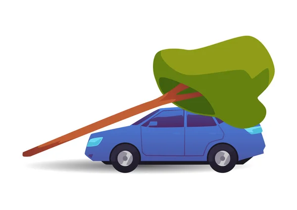 Blauwe Auto Onder Omgevallen Boom Platte Stijl Vector Illustratie Geïsoleerd — Stockvector