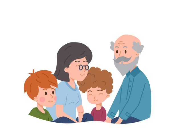 祖父母带着孩子在一起消磨时间的扁平风格 矢量图解在白色背景上孤立 快乐的家庭 孩子们 微笑的角色 装饰设计元素 — 图库矢量图片