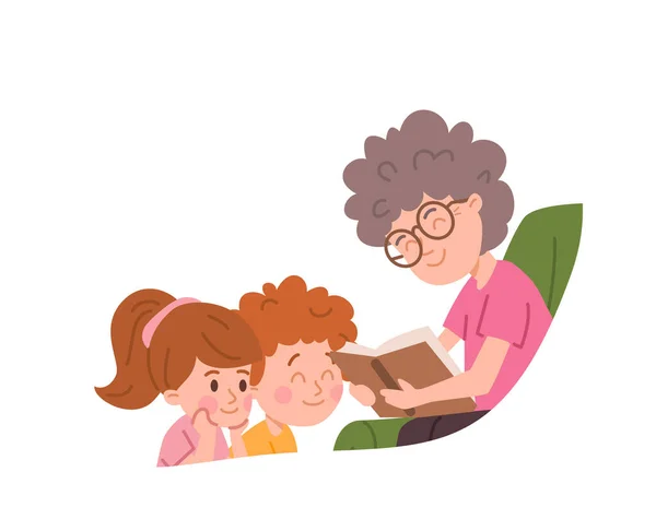 Wektorowa Płaska Ilustracja Babci Siedzi Fotelu Czytając Książkę Wnukowi Wnuczce — Wektor stockowy
