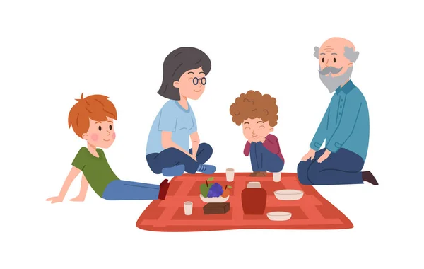 Nagyszülők Piknik Gyerekek Lapos Stílusban Vektor Illusztráció Elszigetelt Fehér Háttér — Stock Vector