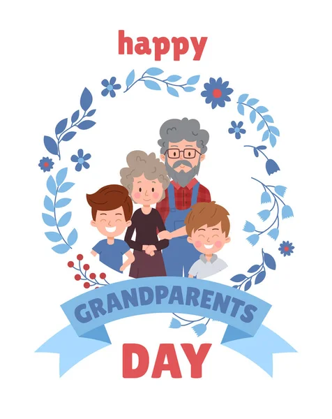 幸せな祖父母の日フラットスタイル 白い背景に隔離されたベクトルイラストについてのポスターや垂直バナー 笑顔の子供と老人と女性が一緒に 装飾的な花の青いフレーム — ストックベクタ