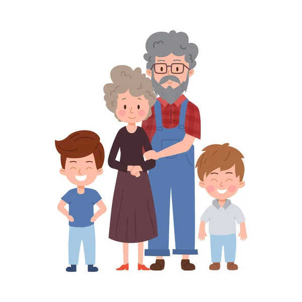 快乐的祖父母和孙子的肖像 有白色背景子女的老年夫妇的矢量平面孤立图解 祖父母家庭关系卡通人物 — 图库矢量图片