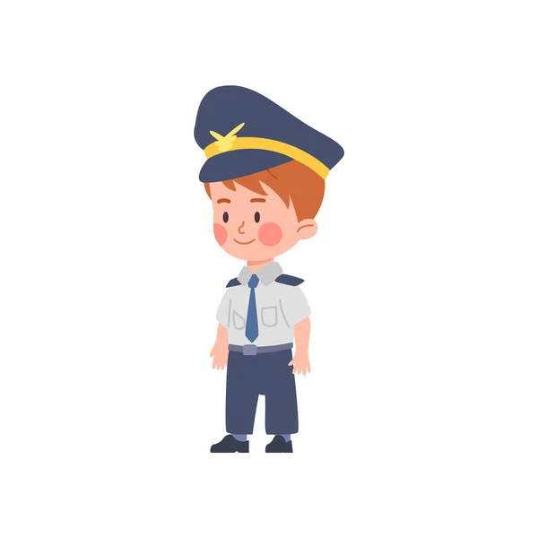 パイロットスーツのフラットスタイル 白い背景に隔離されたベクトルイラストに立つかわいい子供の男の子 装飾的なデザイン要素 子供の職業 幸せなキャラクター — ストックベクタ