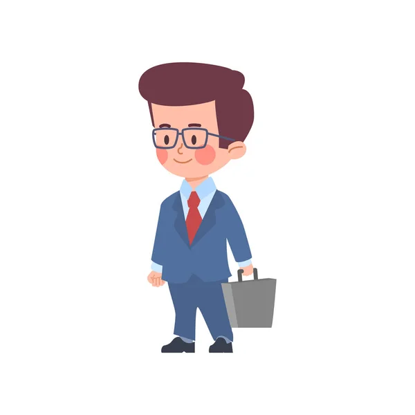 Cute Boy Dressed Businessman Briefcase Cartoon Flat Vector Illustration Isolated — Stock Vector