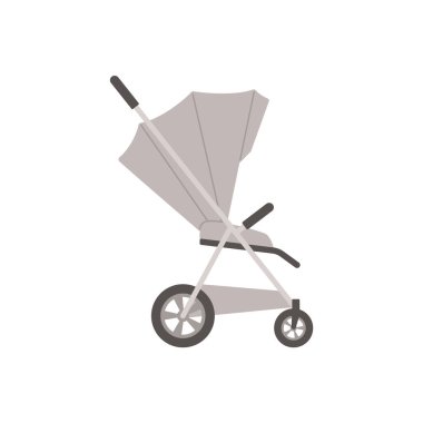 Gri bebek arabası yan görüntüsü düz stil, vektör çizimi beyaz arkaplanda izole edilmiş. Dekoratif tasarım unsuru, çocuklar için yürüme ve ulaşım ücreti