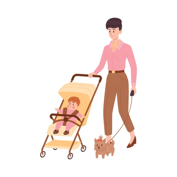 Şık Bir Anne Çocuklu Bir Bebek Arabası Taşır Köpeğini Tasmalı — Stok Vektör