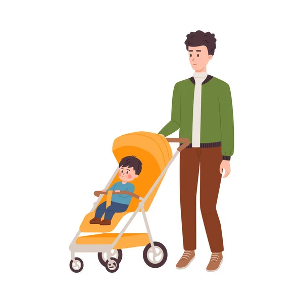 父亲和儿子坐在婴儿车里散步 白色背景上孤立的平面矢量图解 父母身份的概念 开心爸爸推婴儿车 — 图库矢量图片