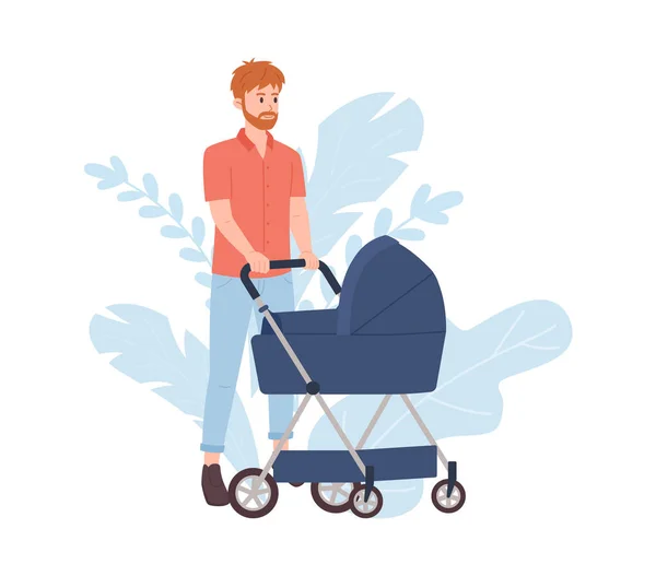 Man Pushing Baby Stroller Flat Vector Illustration Isolated White Background — Stock Vector