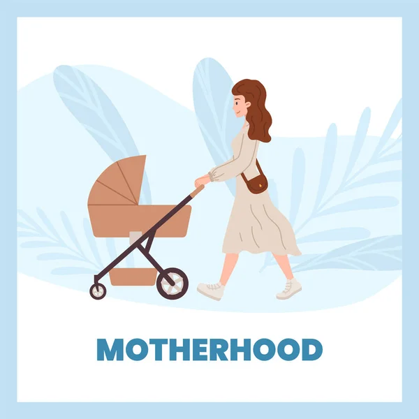 Mujer Feliz Empujando Cochecito Bebé Cartel Concepto Maternidad Ilustración Vector — Vector de stock