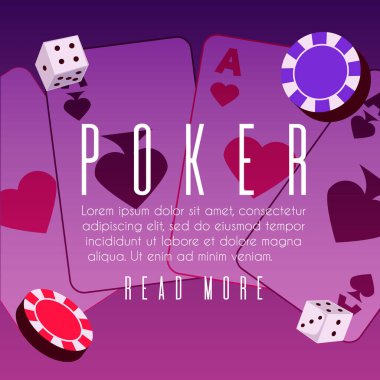 Poker sembollü bir kumarhane temalı vektör posteri. Tüm çizgilerden, aslardan, fişlerden, jetonlardan ve mor arkaplandaki zarlardan oluşan kozlar. İş riski, mantık stratejisi oyunu ve kumar konsepti