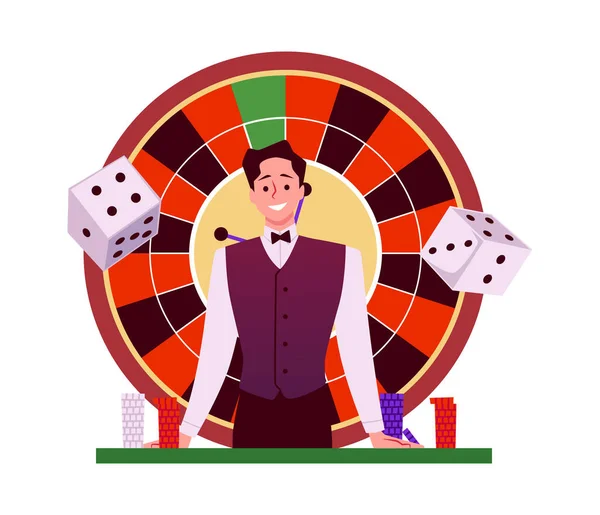 幸せな笑顔クルッパーマンフラットスタイル ベクトルイラスト白の背景に隔離された ポーカーチップのスタック デバイス ギャンブルに関する装飾的なデザイン要素 レクリエーション — ストックベクタ
