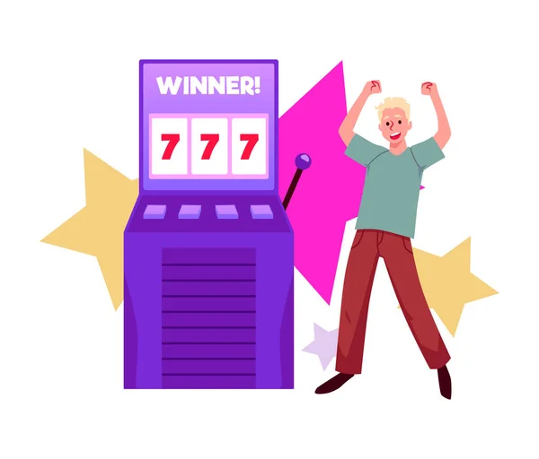 Slot Machine Jackpot Win Lucky Happy Man Celebrating Winning Money — Stock Vector